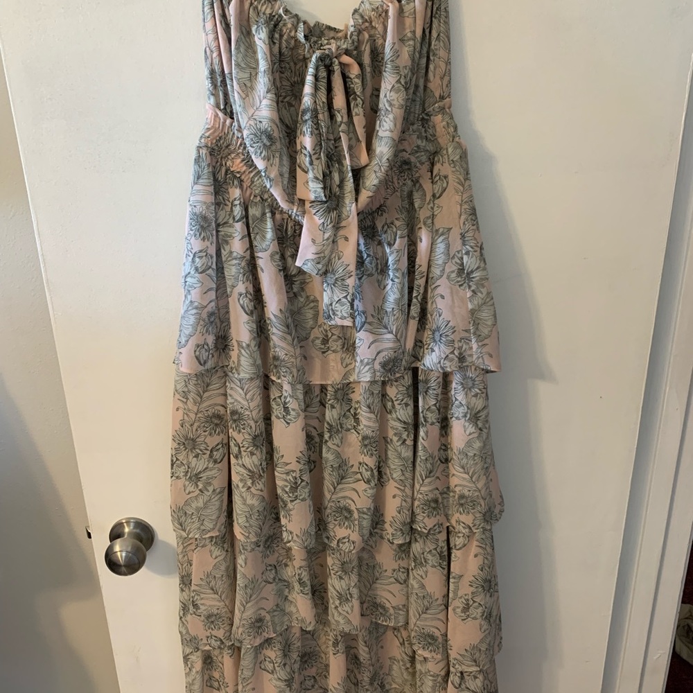 Misa Los Angeles Blush Pink and Sage Floral Strapless Maxi Dress